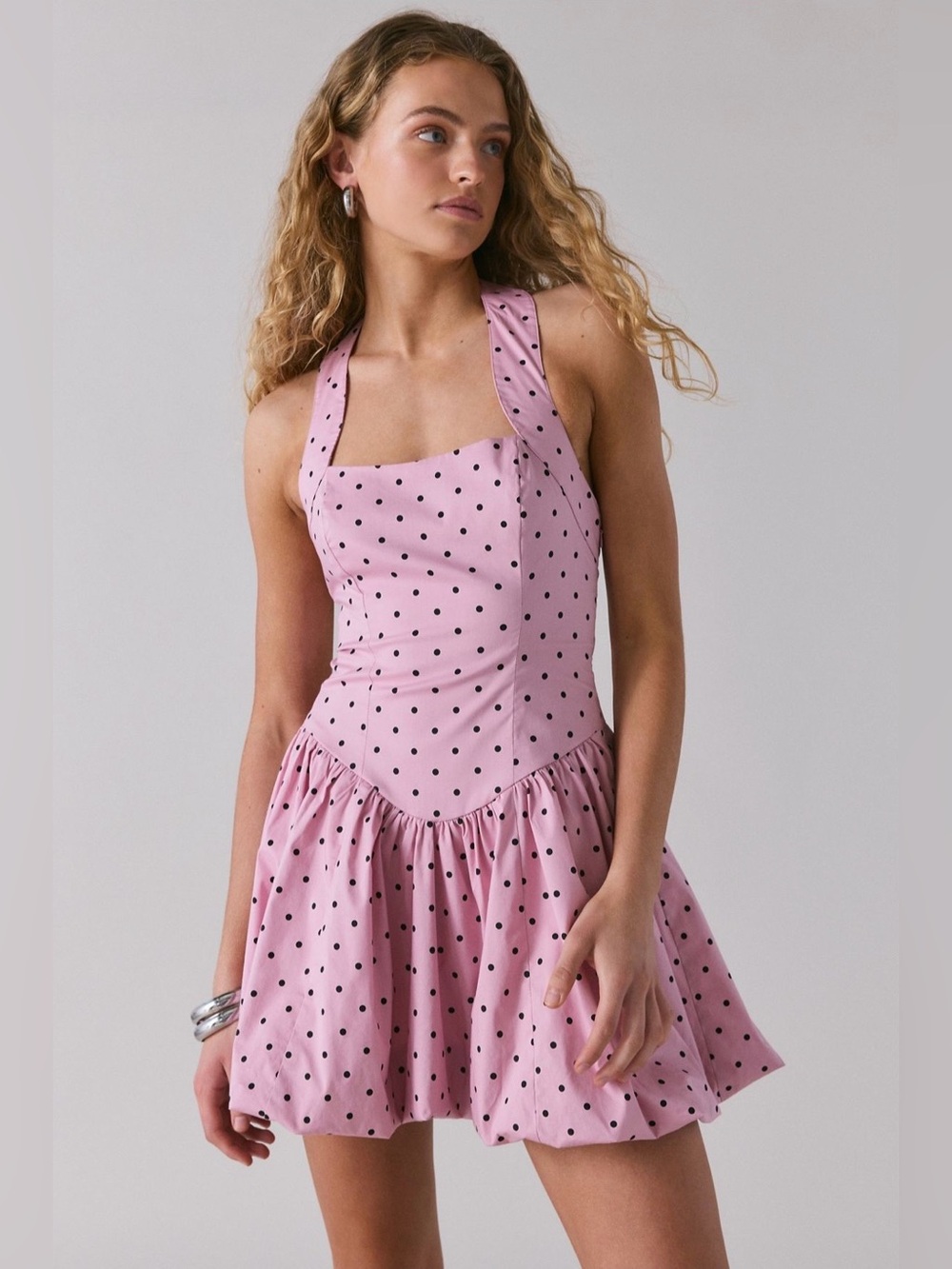 Kimchi Blue Casey Halter Bubble Hem Pink Black Polka Dot Mini Dress
